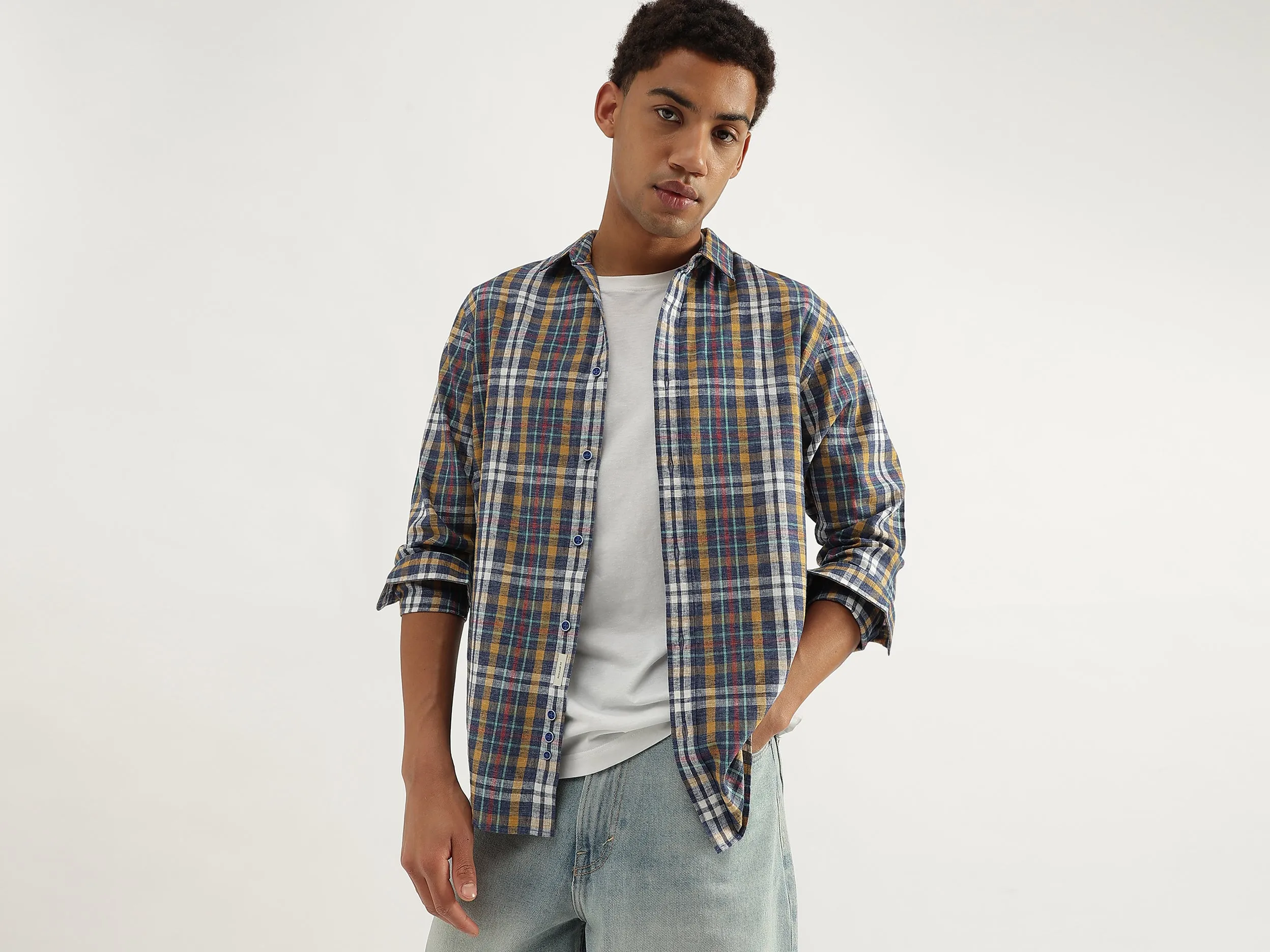 Regular Fit Spread Collar Plaid Checkered Shirt