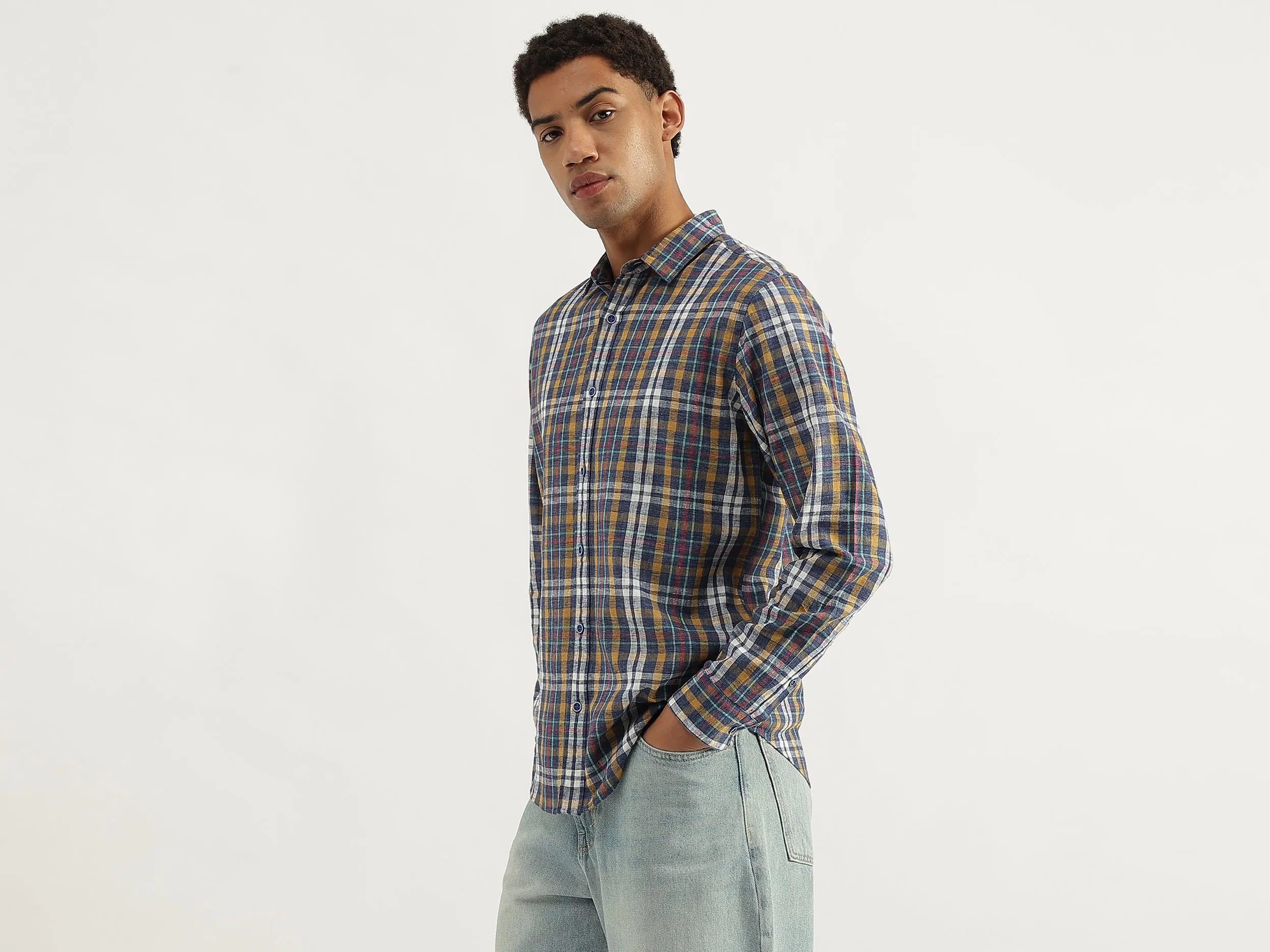 Regular Fit Spread Collar Plaid Checkered Shirt