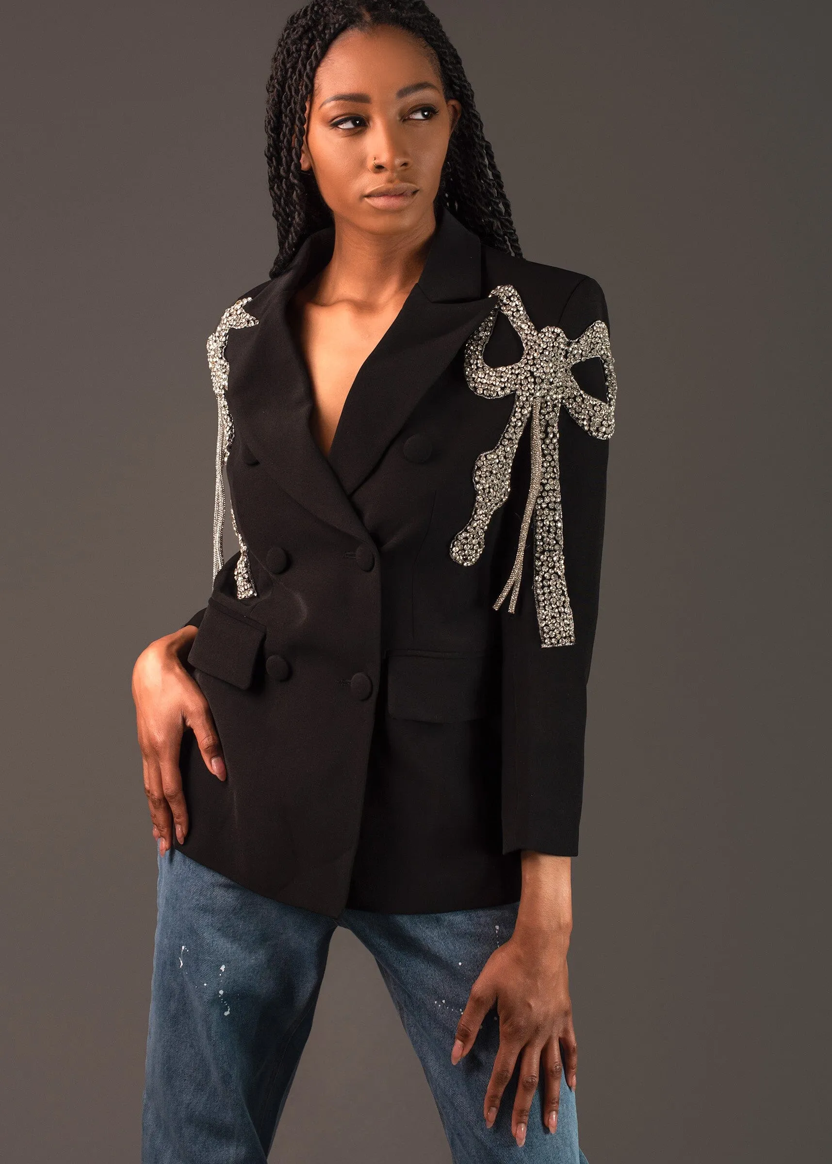 Rhinestone Bow Blazer