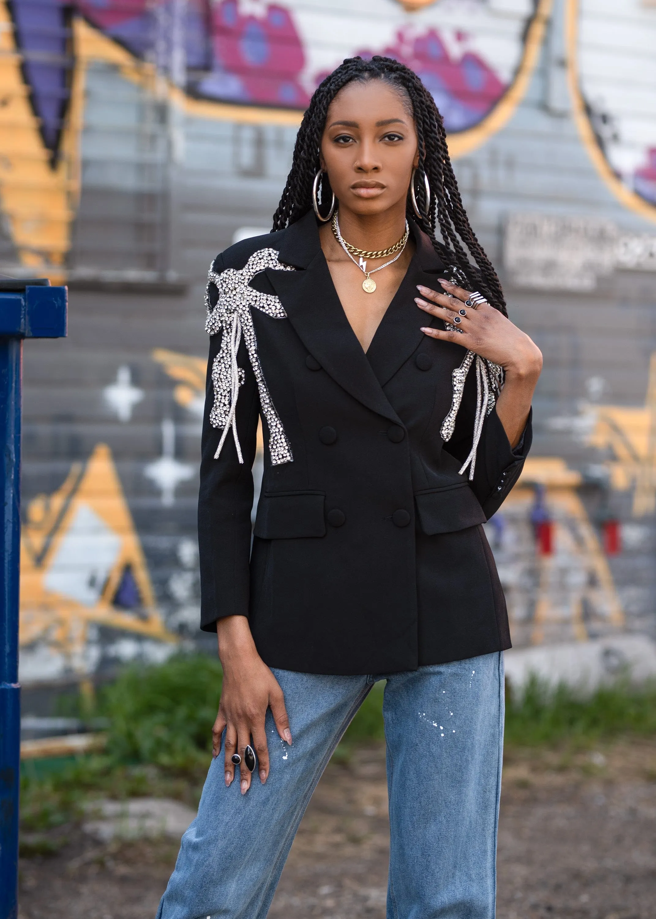Rhinestone Bow Blazer