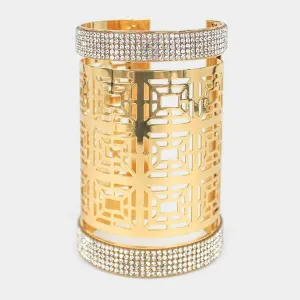 Rhinestone Geometric Pattern Metal Wide Cuff Bracelet