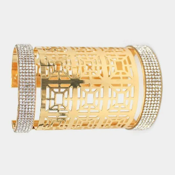 Rhinestone Geometric Pattern Metal Wide Cuff Bracelet