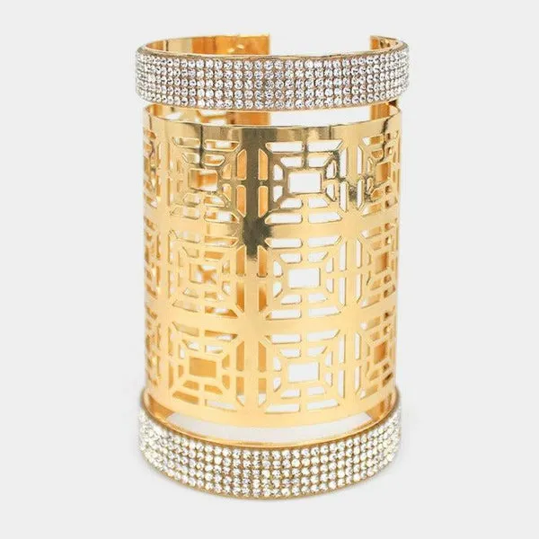 Rhinestone Geometric Pattern Metal Wide Cuff Bracelet