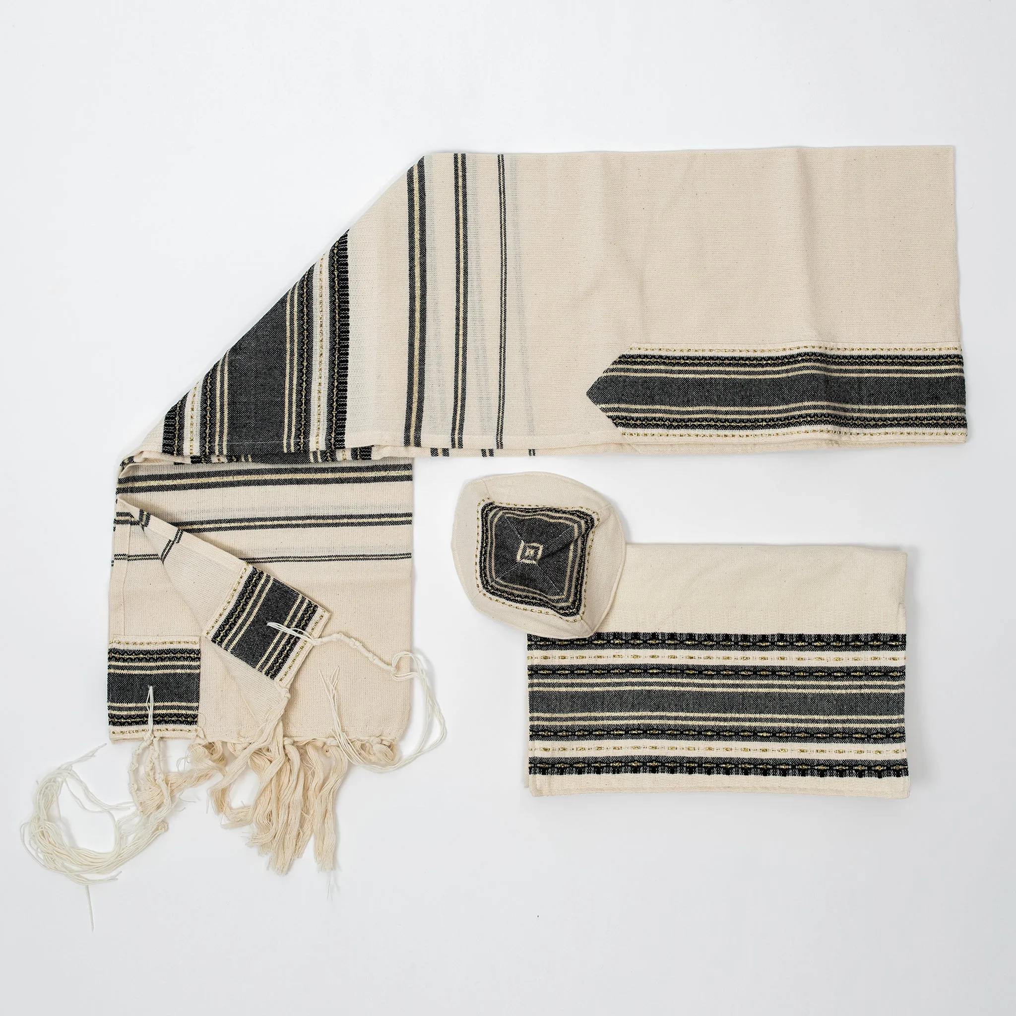 Samuel - Cotton Tallit - Black with Gold on Off-White