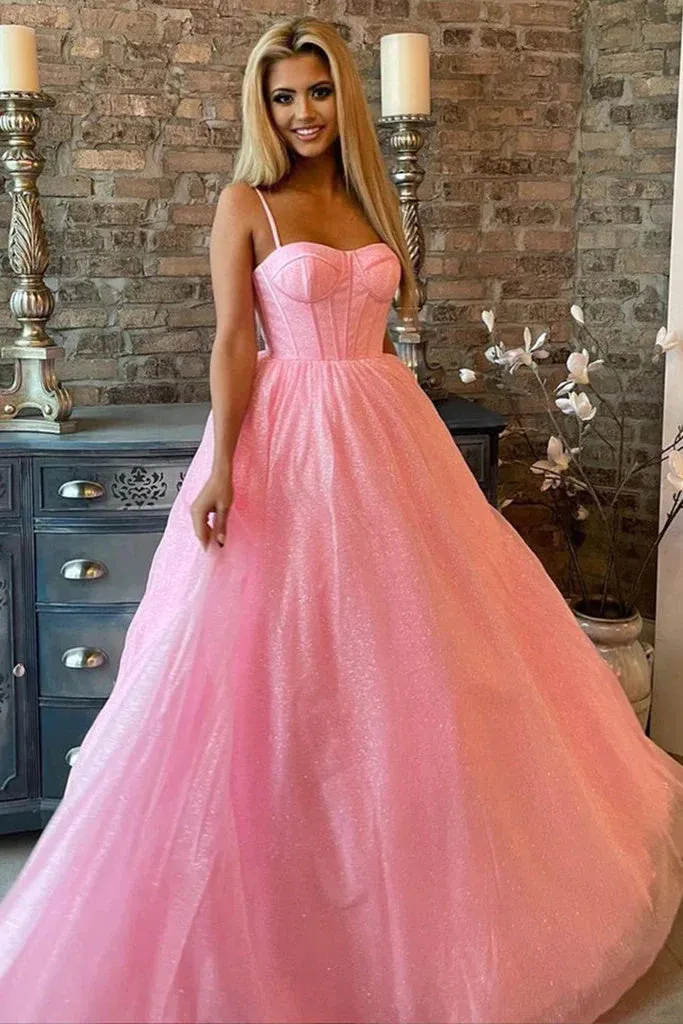 Shiny A Line Pink Tulle Spaghetti Straps Sparkly Long Prom Dress OK1969