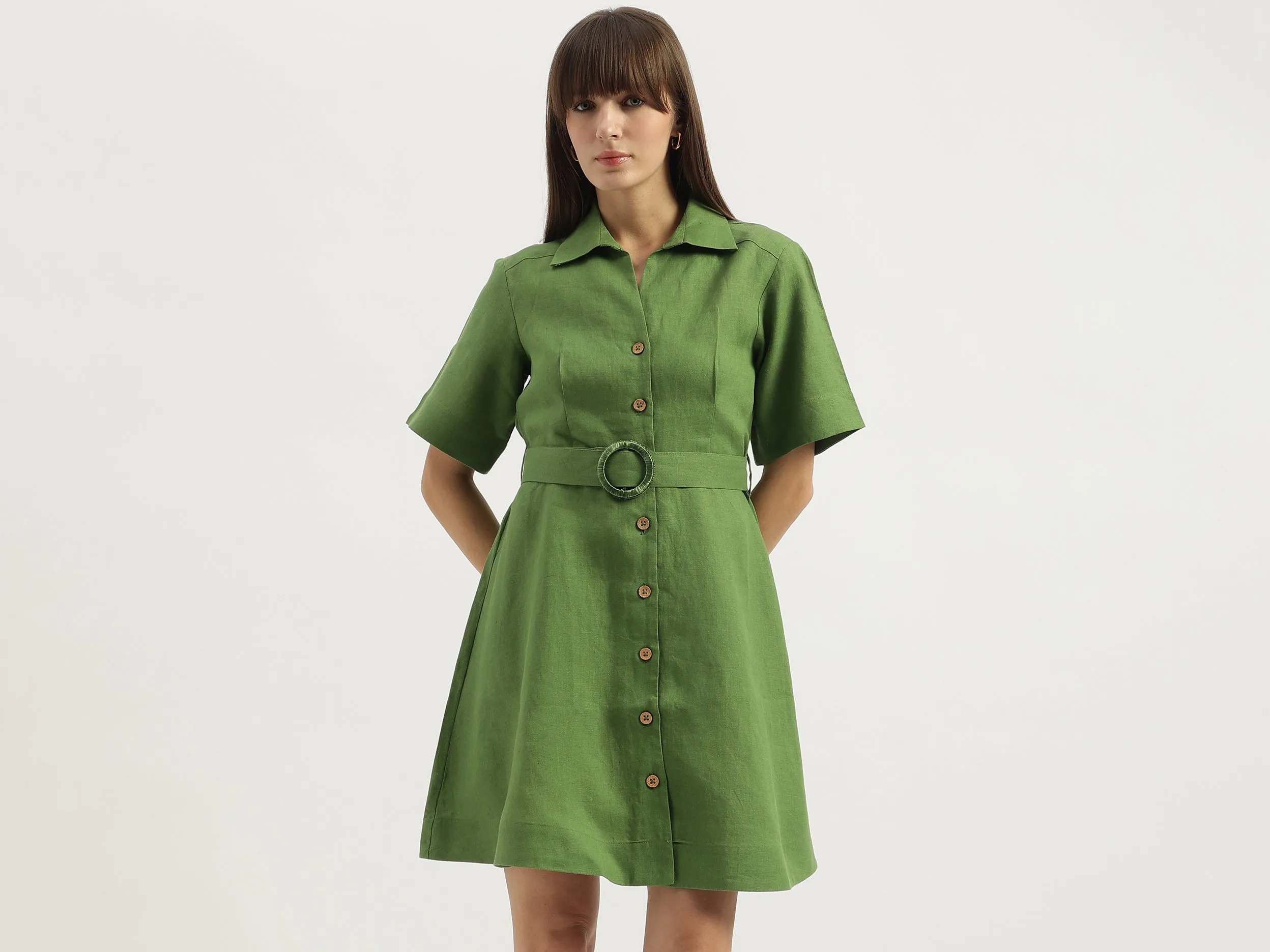 Shirt Collar Solid A-Line Dress