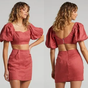 Showpo Amalie The Label Linen Puff Sleeve Crop Top &amp; Skirt Set 2US