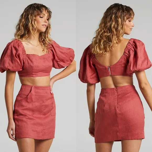 Showpo Amalie The Label Linen Puff Sleeve Crop Top &amp; Skirt Set 2US