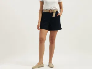 Solid Regular Fit Belted Shorts