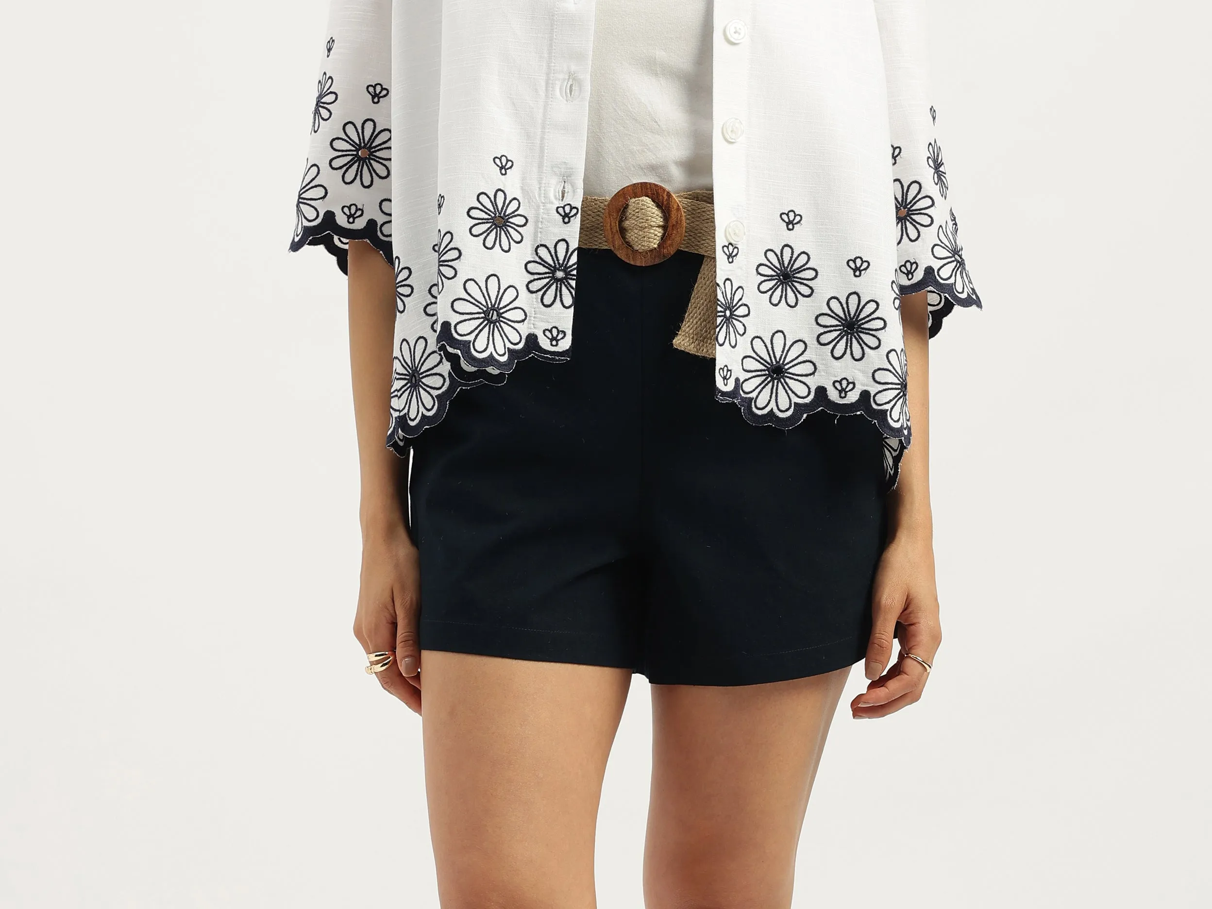 Solid Regular Fit Belted Shorts