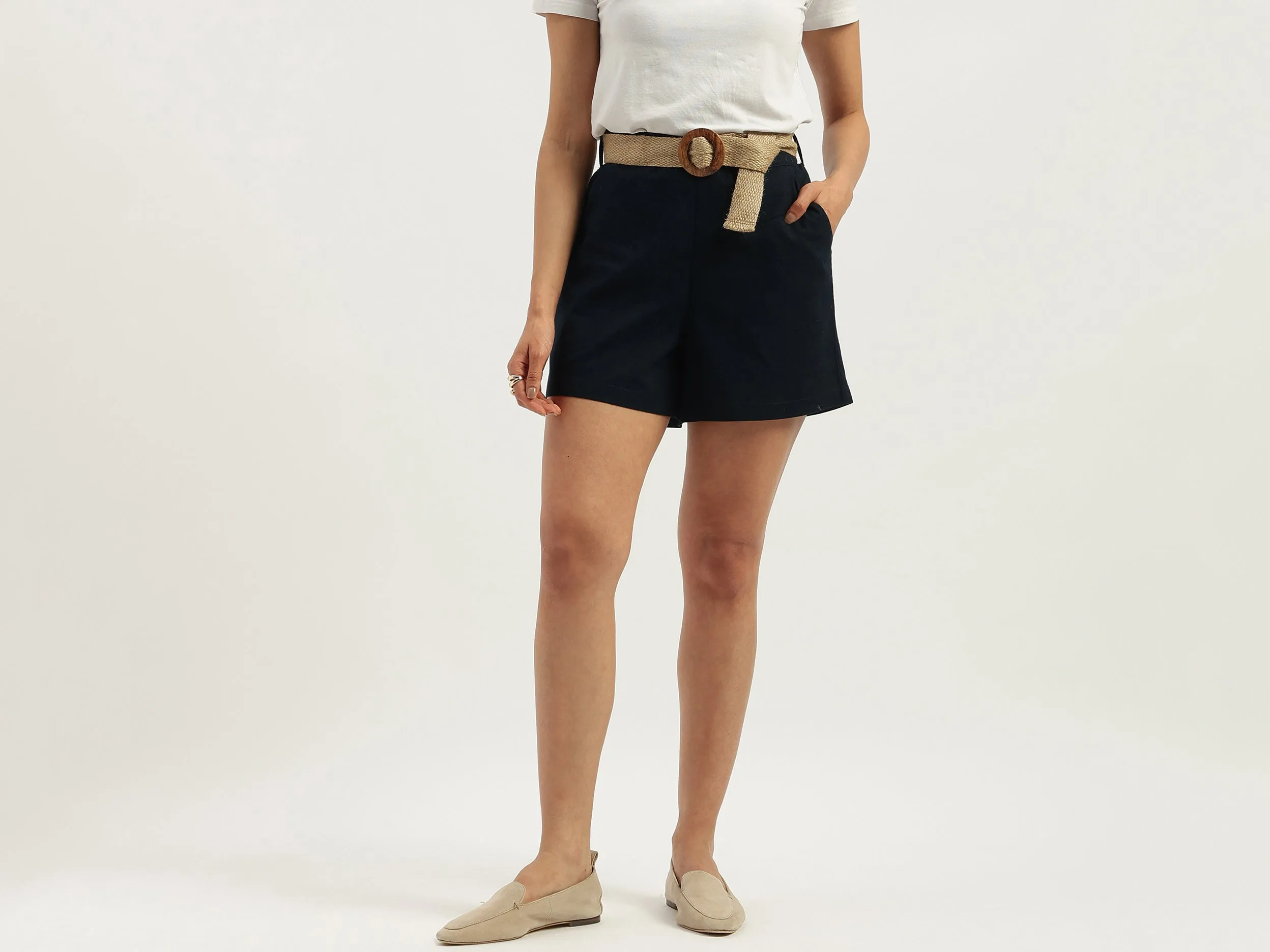 Solid Regular Fit Belted Shorts