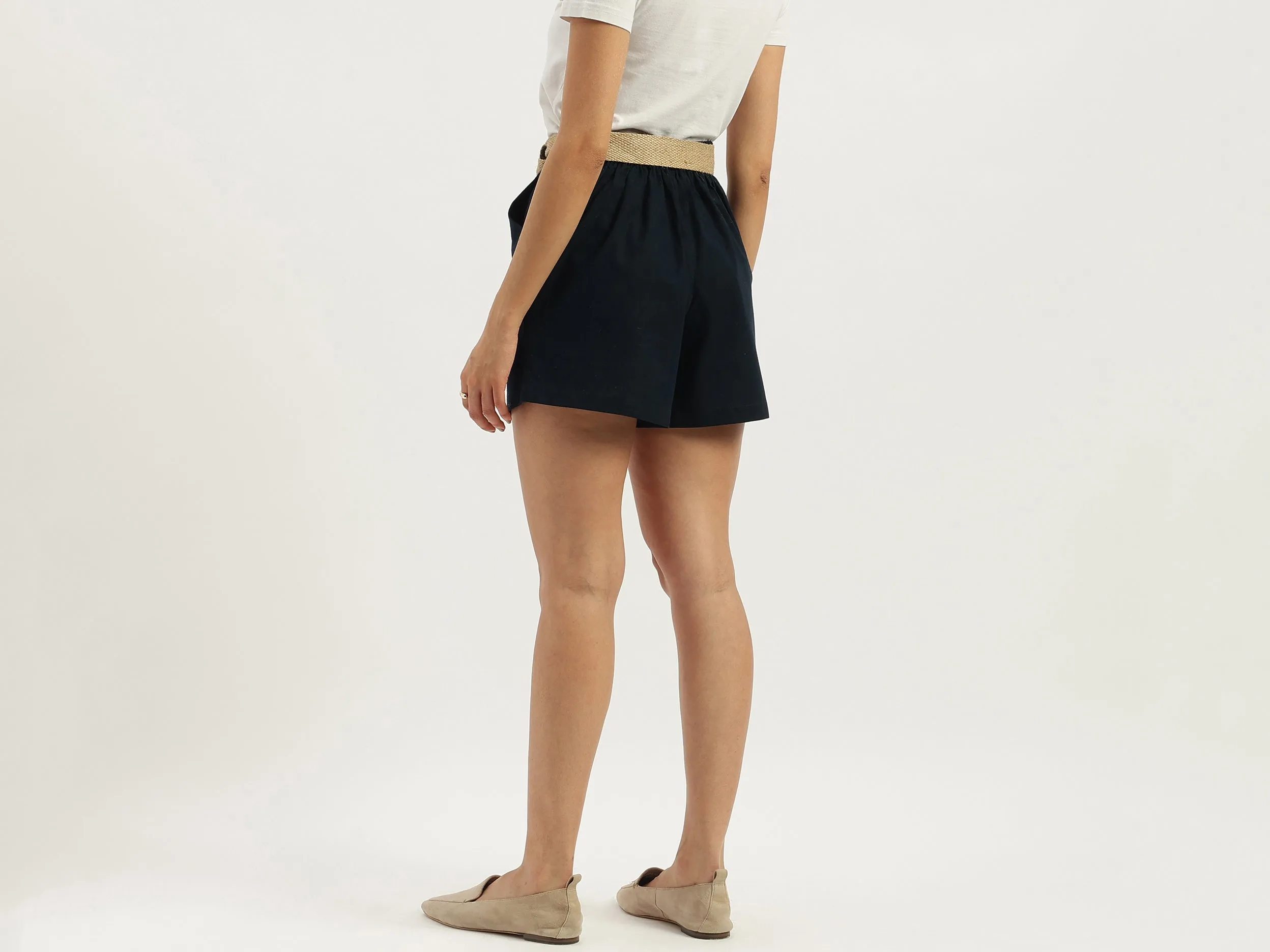 Solid Regular Fit Belted Shorts