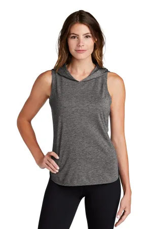 Sport-Tek  Women's PosiCharge  Tri-Blend Wicking Draft Hoodie Tank. LST410 Black/ Dark Grey Heather