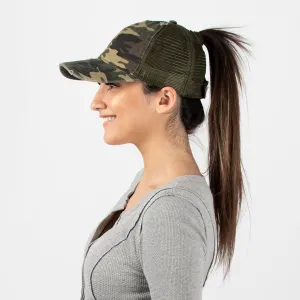 Stephanie Mesh Back Distressed Camo Ponyflo® Cap