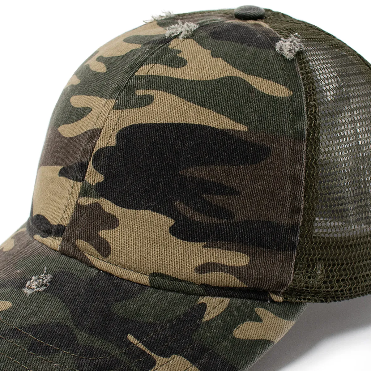 Stephanie Mesh Back Distressed Camo Ponyflo® Cap