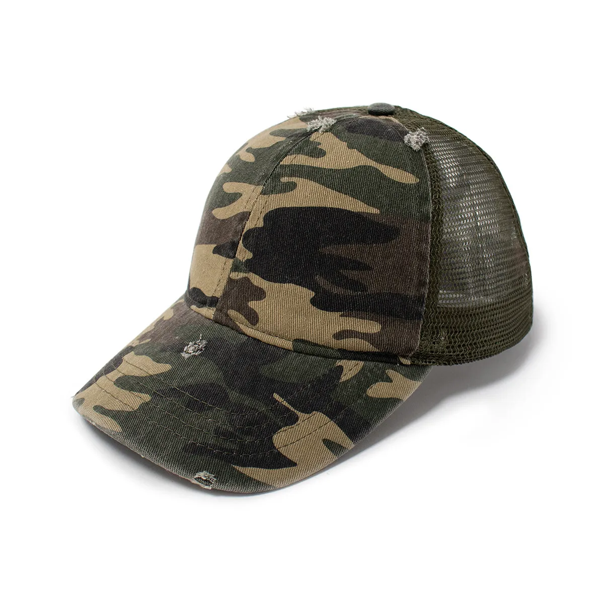 Stephanie Mesh Back Distressed Camo Ponyflo® Cap