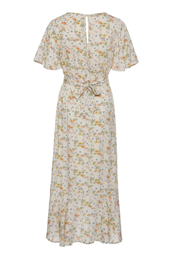 Striking Spring Floral Flutter Sleeve Cross Over Midi Dress