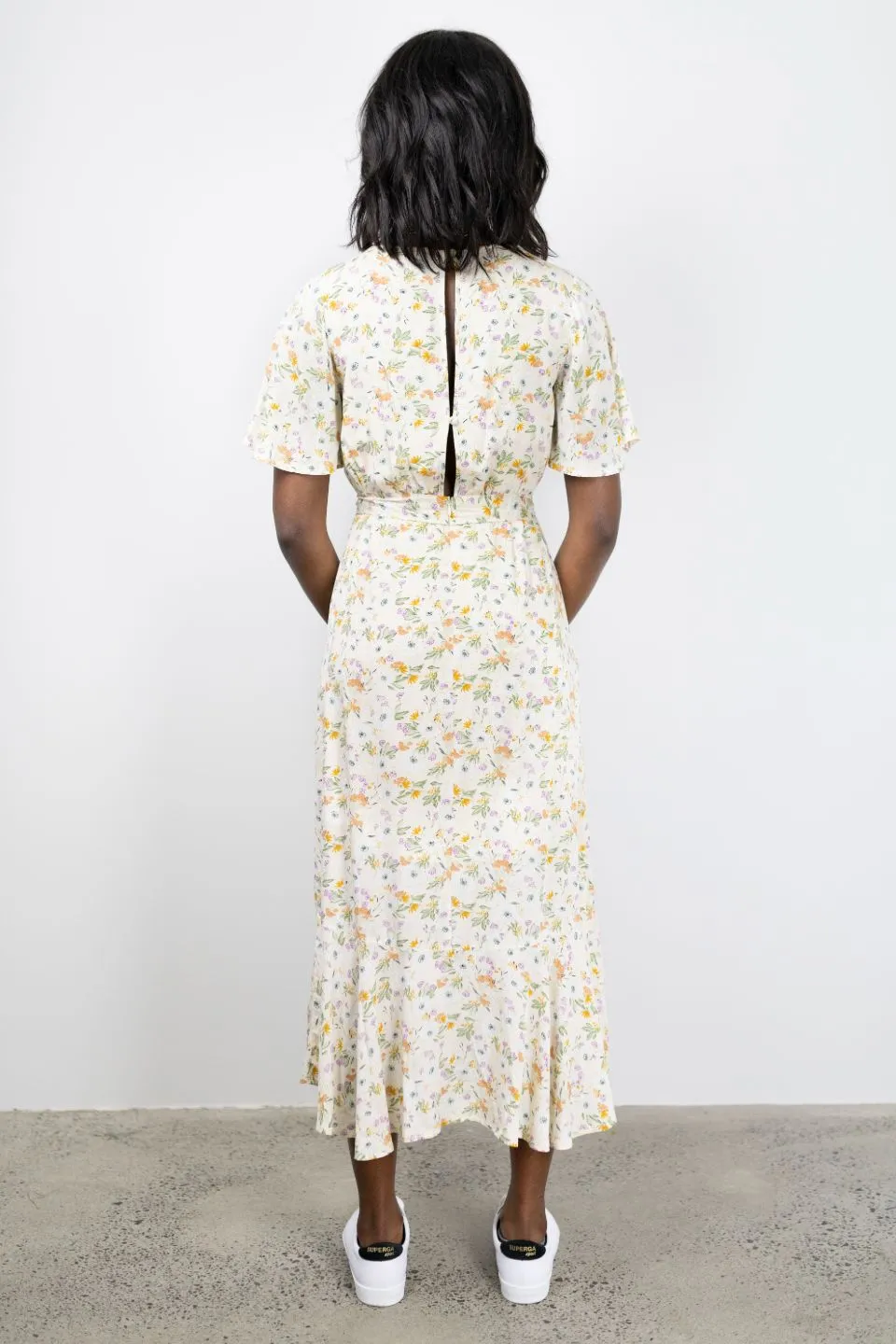 Striking Spring Floral Flutter Sleeve Cross Over Midi Dress