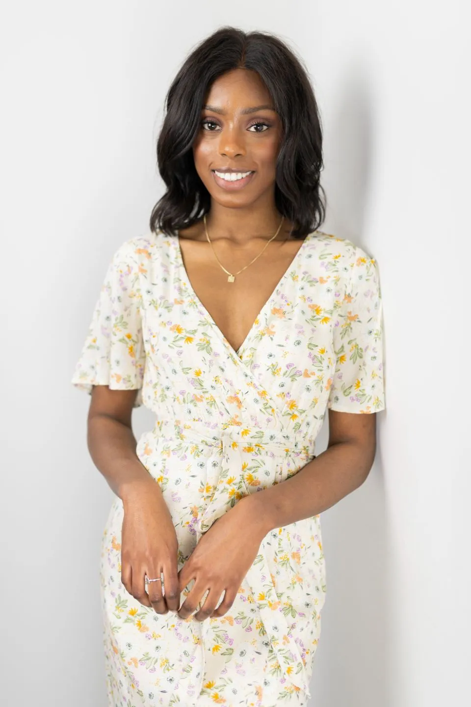 Striking Spring Floral Flutter Sleeve Cross Over Midi Dress