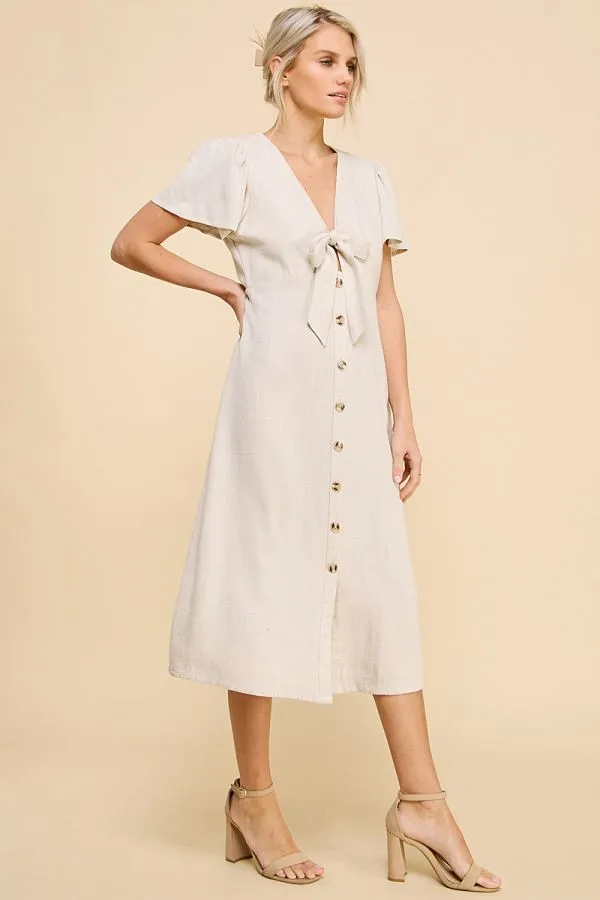 Sydney Linen Button Midi Dress - Natural