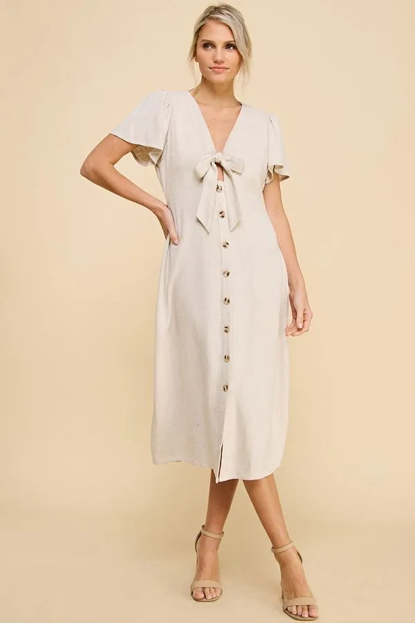 Sydney Linen Button Midi Dress - Natural