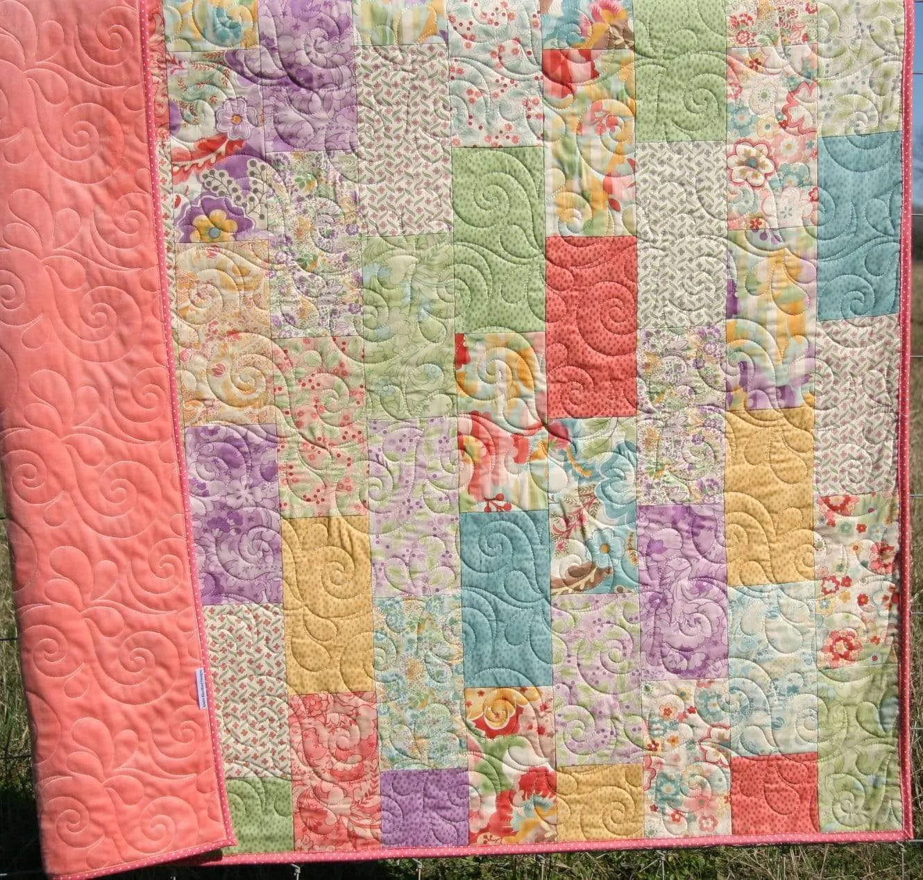 Throw Quilt, Home Decor, Handmade Blanket, Minky Blanket Adult, Gifts for Her, Home Decor, Living Room Decor, Coral Blue Purple Yellow,
