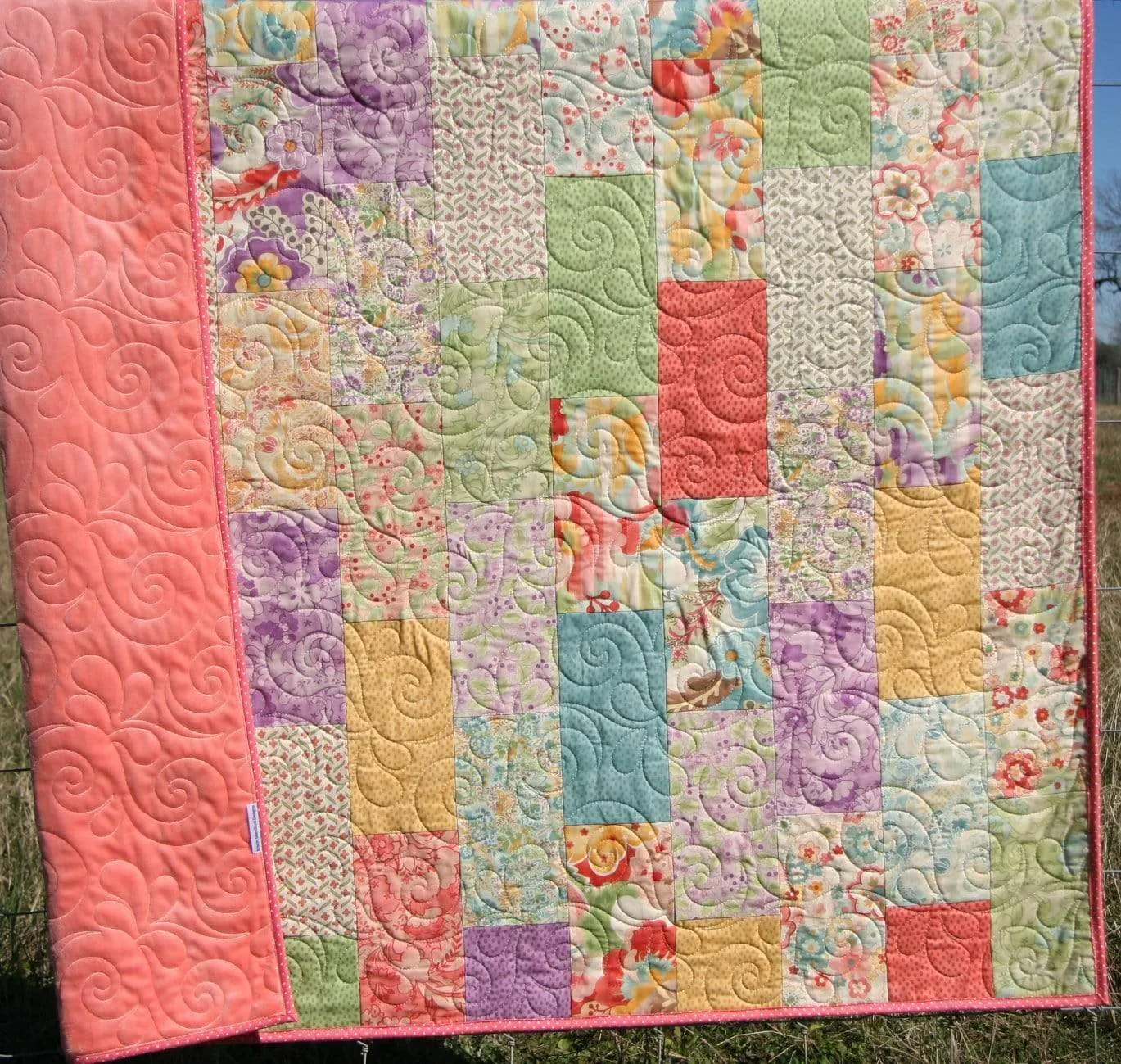 Throw Quilt, Home Decor, Handmade Blanket, Minky Blanket Adult, Gifts for Her, Home Decor, Living Room Decor, Coral Blue Purple Yellow,