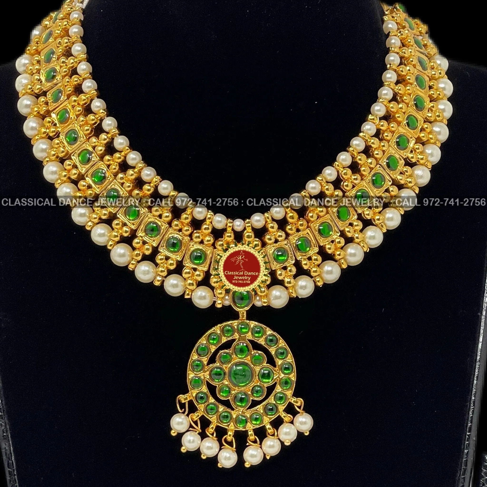 Traditional Green Kemp Pearls Temple Indian Jewelry | Bharatnatyam, Kuchipudi, Engagement, Weddings, Birthdays | Classical Dance Jewelry
