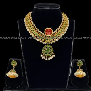 Traditional Green Kemp Pearls Temple Indian Jewelry | Bharatnatyam, Kuchipudi, Engagement, Weddings, Birthdays | Classical Dance Jewelry