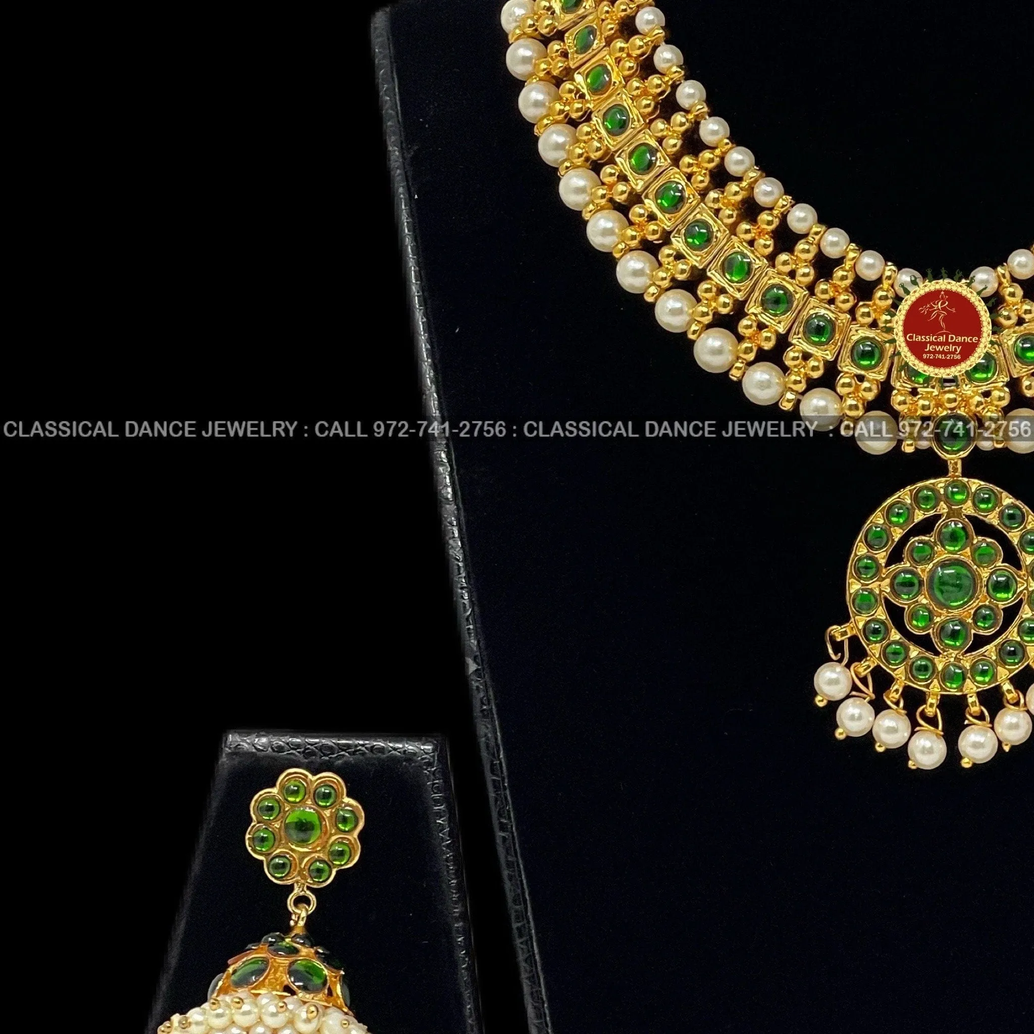 Traditional Green Kemp Pearls Temple Indian Jewelry | Bharatnatyam, Kuchipudi, Engagement, Weddings, Birthdays | Classical Dance Jewelry