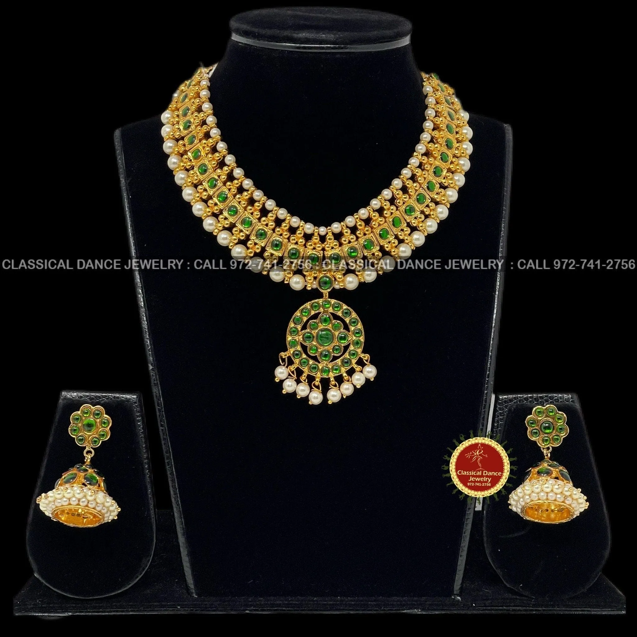 Traditional Green Kemp Pearls Temple Indian Jewelry | Bharatnatyam, Kuchipudi, Engagement, Weddings, Birthdays | Classical Dance Jewelry