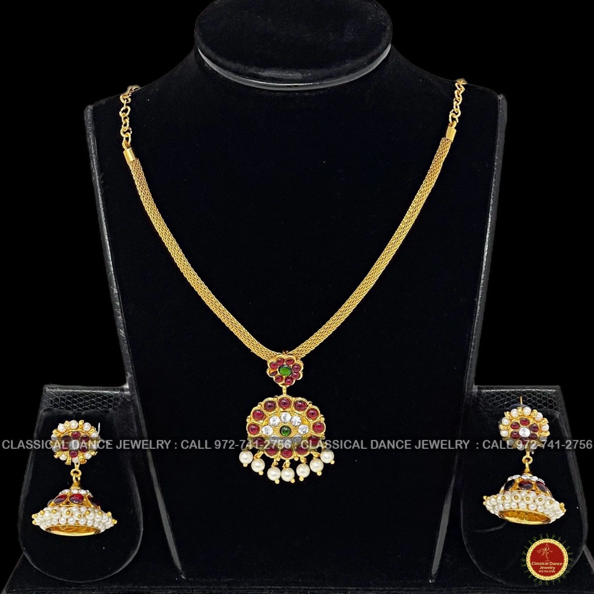 Traditional Kempu Chain Necklace Haram Pearls Temple Indian Jewelry | Bharatnatyam Kuchipudi Engagement Weddings | Classical Dance Jewelry