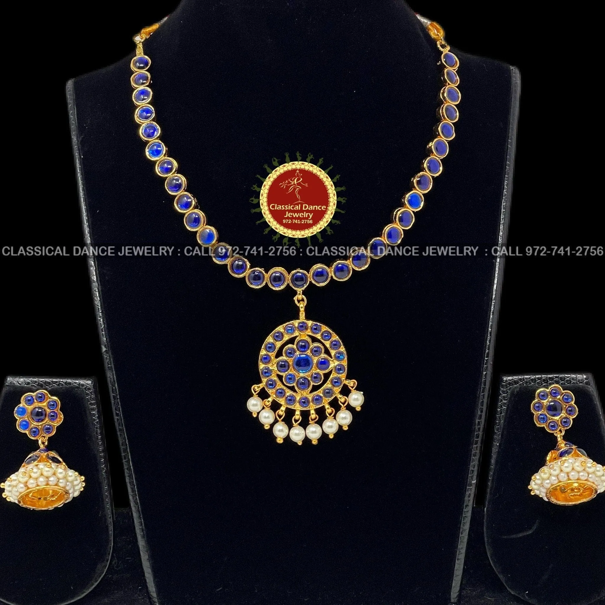Traditional Simple Blue Addiga necklace Pearls Temple Indian Jewelry | Bharatnatyam Kuchipudi Engagement Weddings | Classical Dance Jewelry