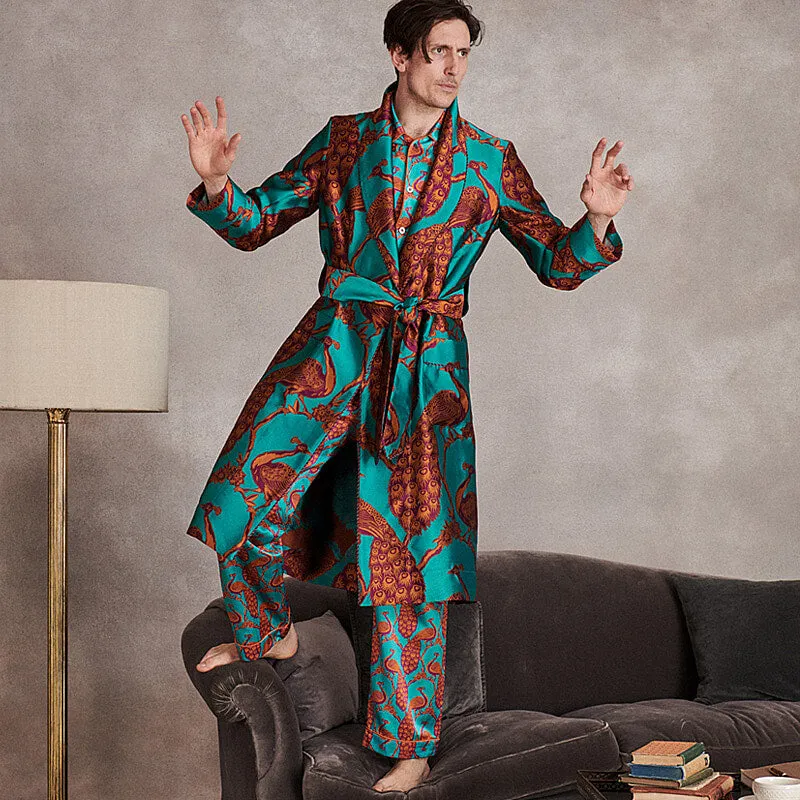 Turquoise & Orange Peacock Unlined Silk Dressing Gown