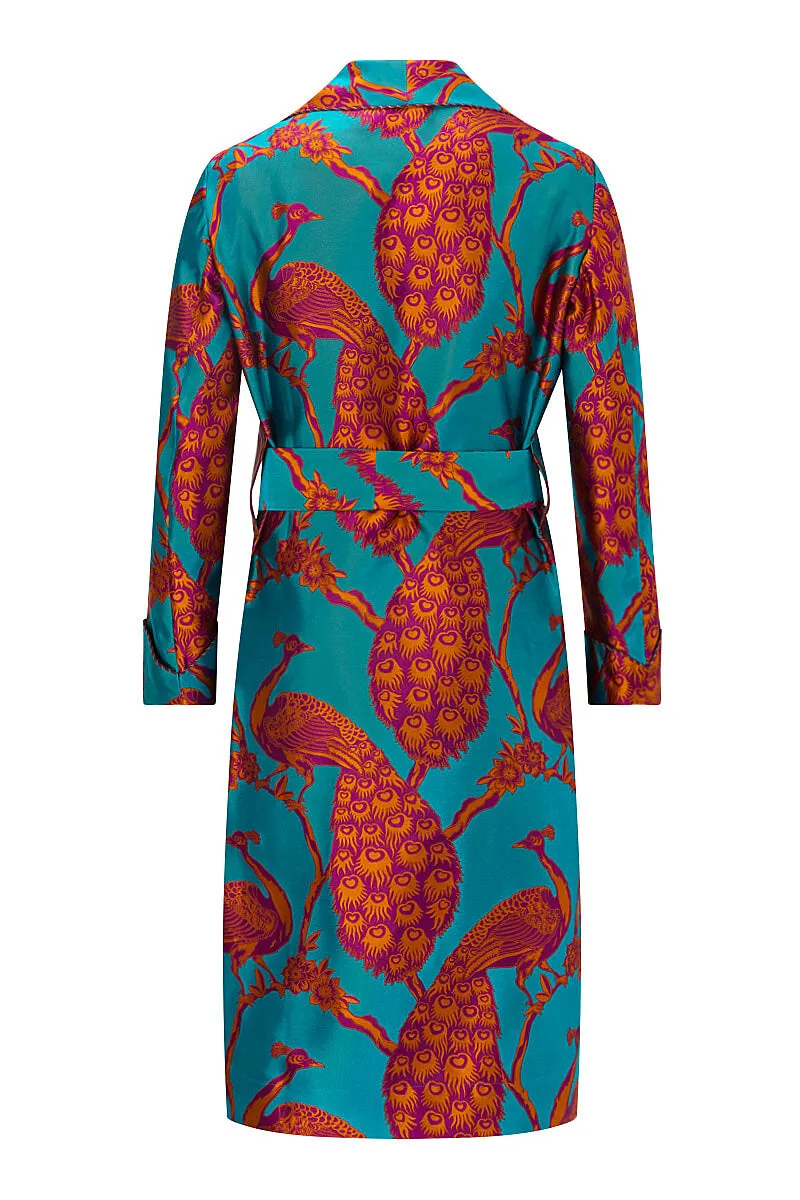 Turquoise & Orange Peacock Unlined Silk Dressing Gown