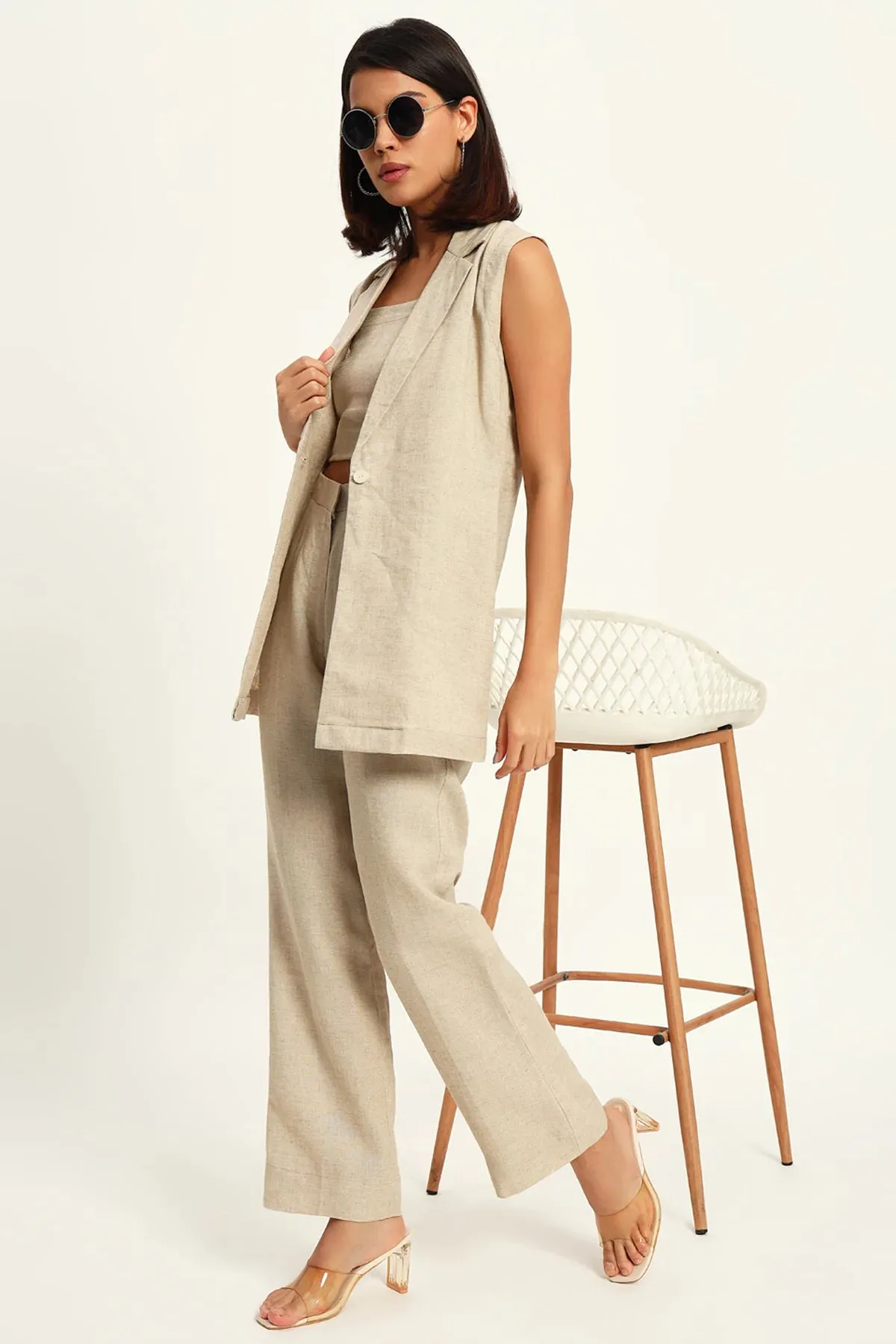 Versatile Linen Trio Jacket Co-ord Set, Beige