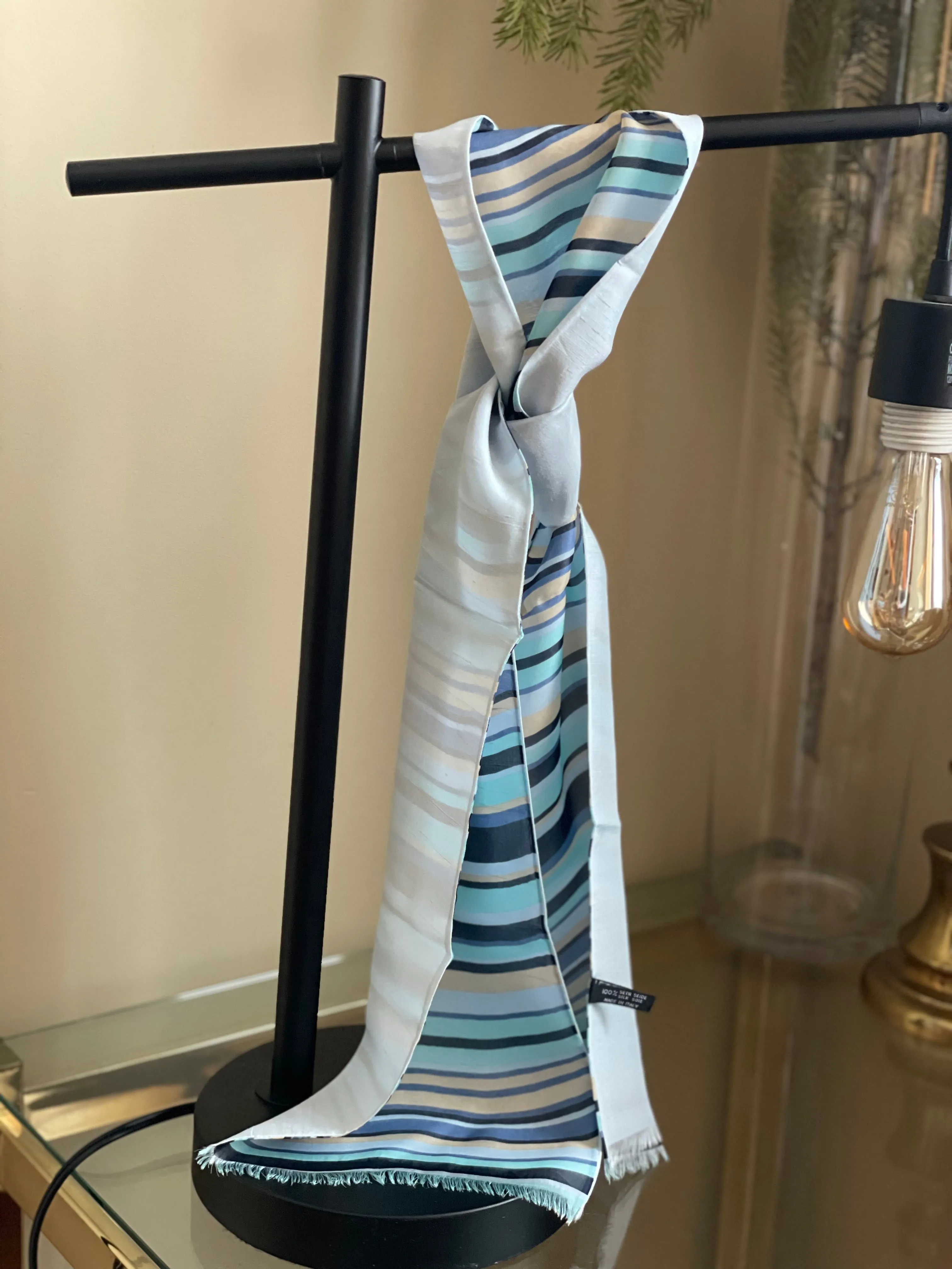 Vintage Raw Silk Striped Scarf with Fringe