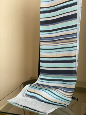 Vintage Raw Silk Striped Scarf with Fringe
