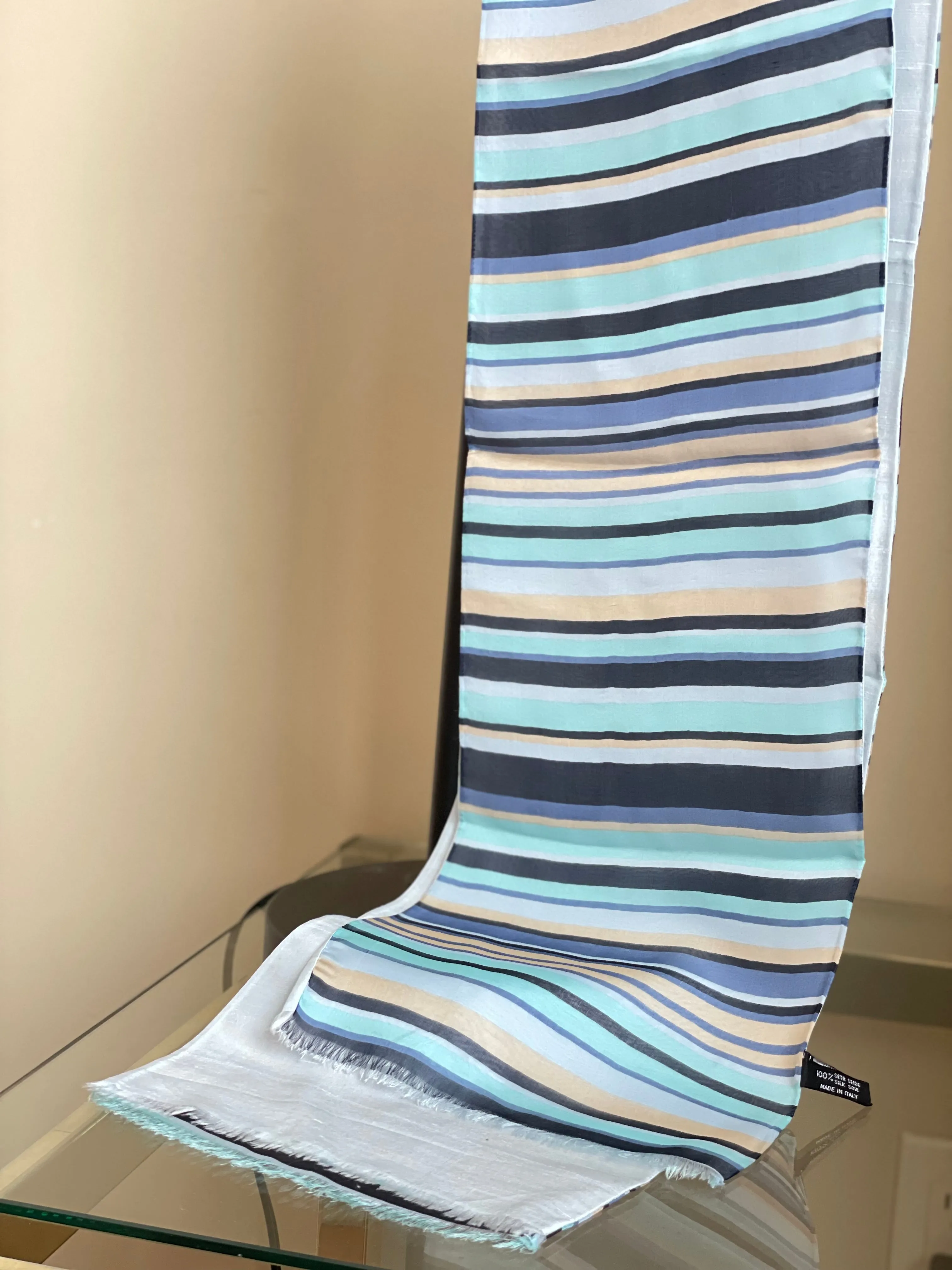 Vintage Raw Silk Striped Scarf with Fringe