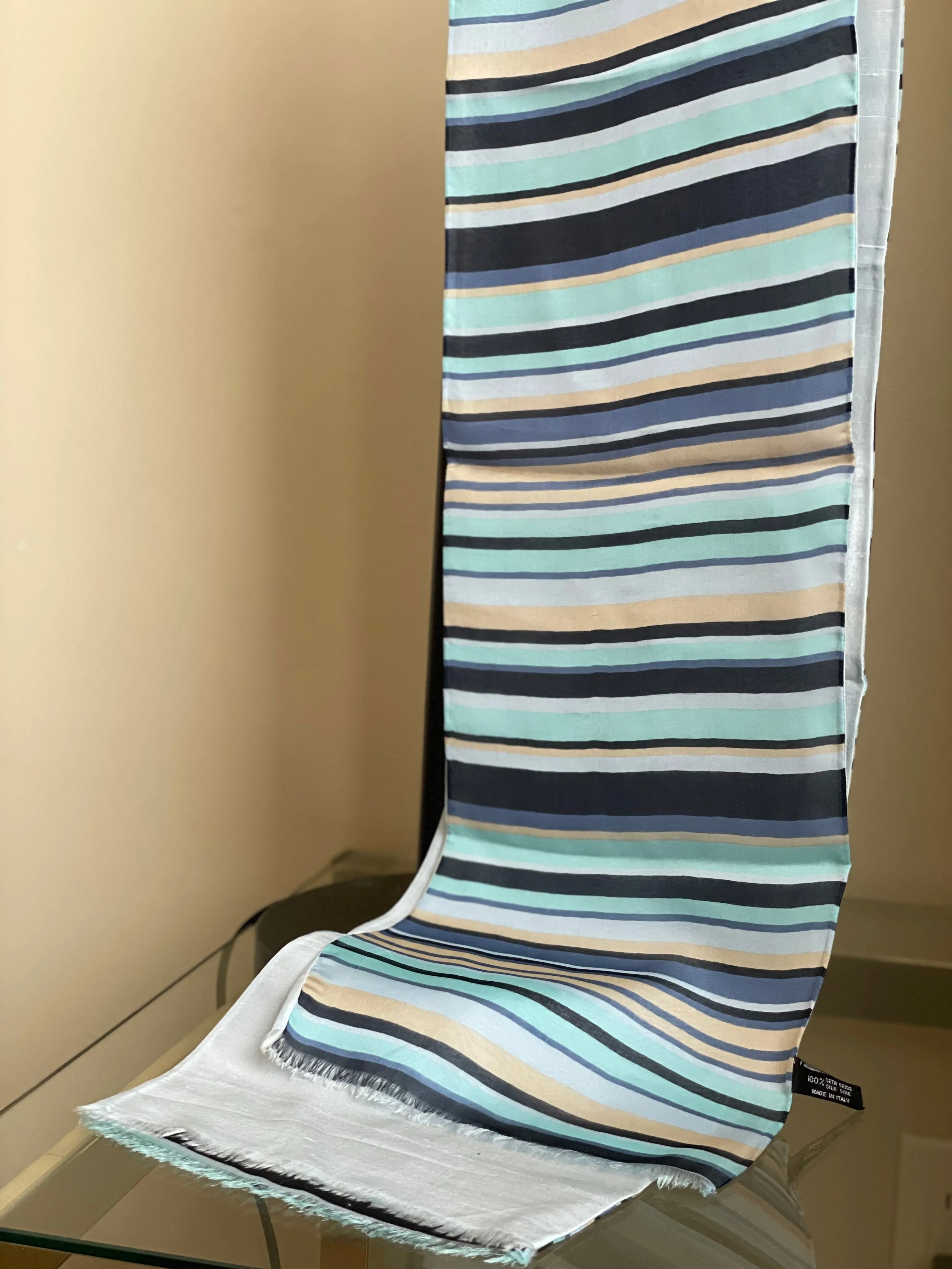 Vintage Raw Silk Striped Scarf with Fringe