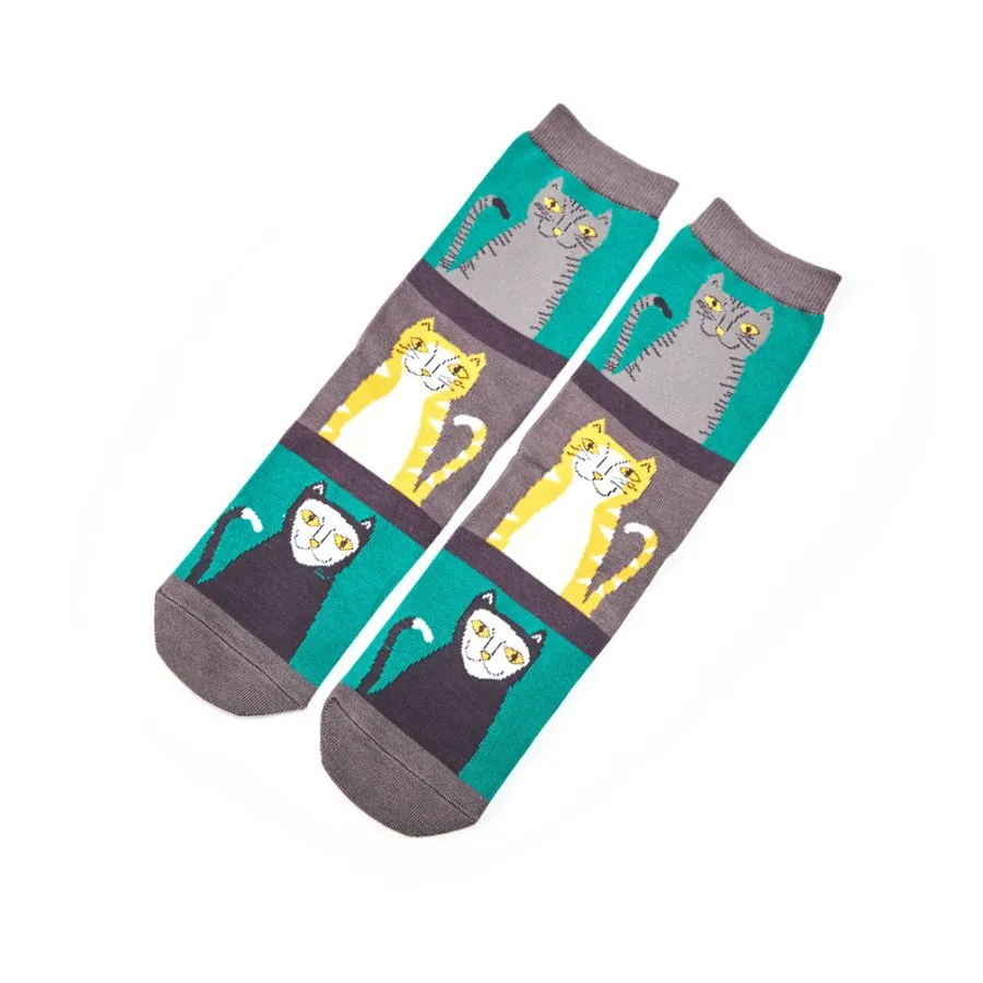Womens Cats & Stripes Socks - Green