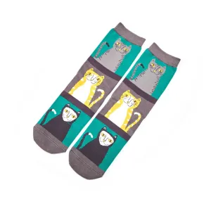 Womens Cats & Stripes Socks - Green
