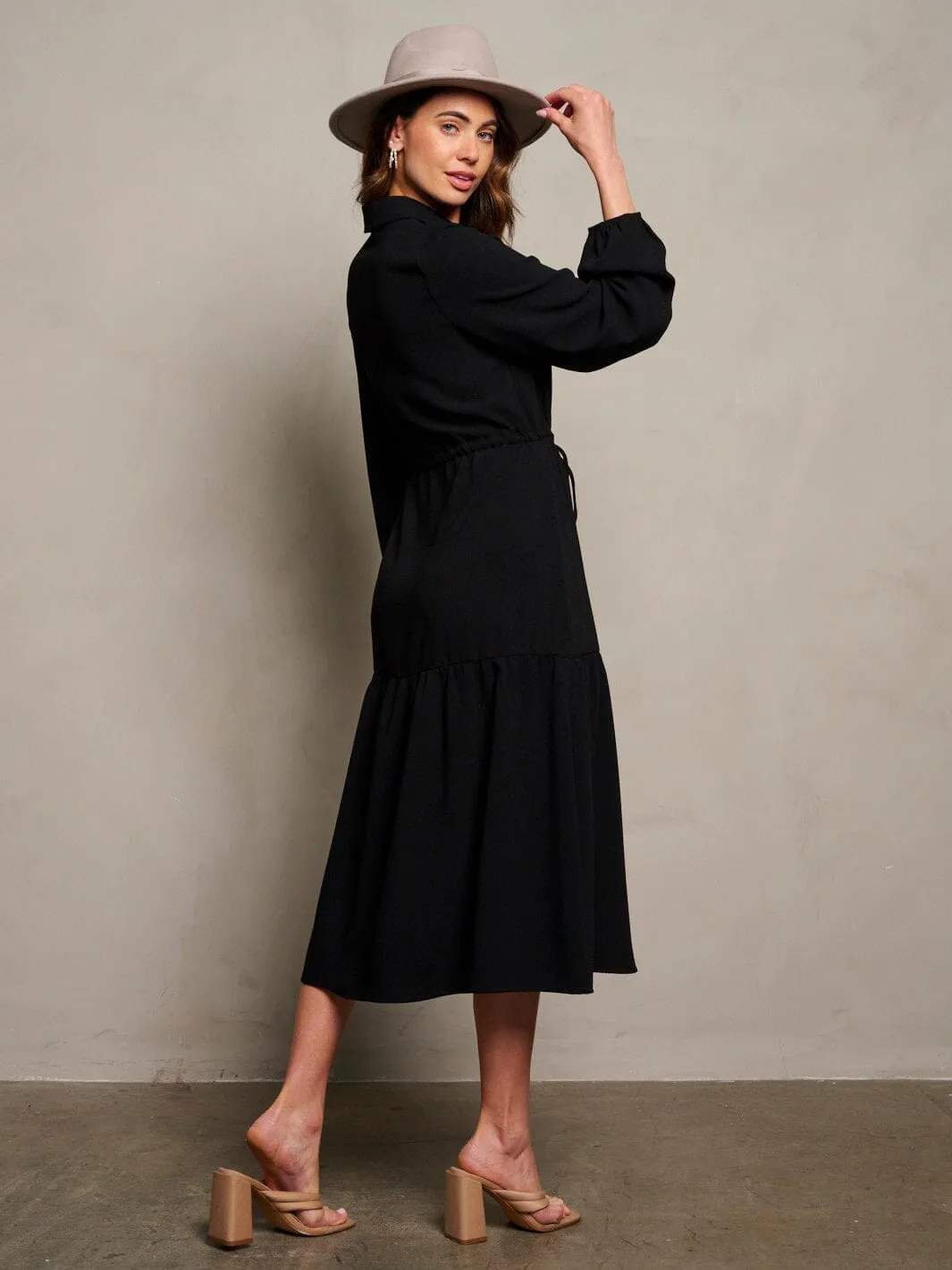 WOMEN'S LONG PUFF SLEEVE BUTTON UP MAXI DRESS