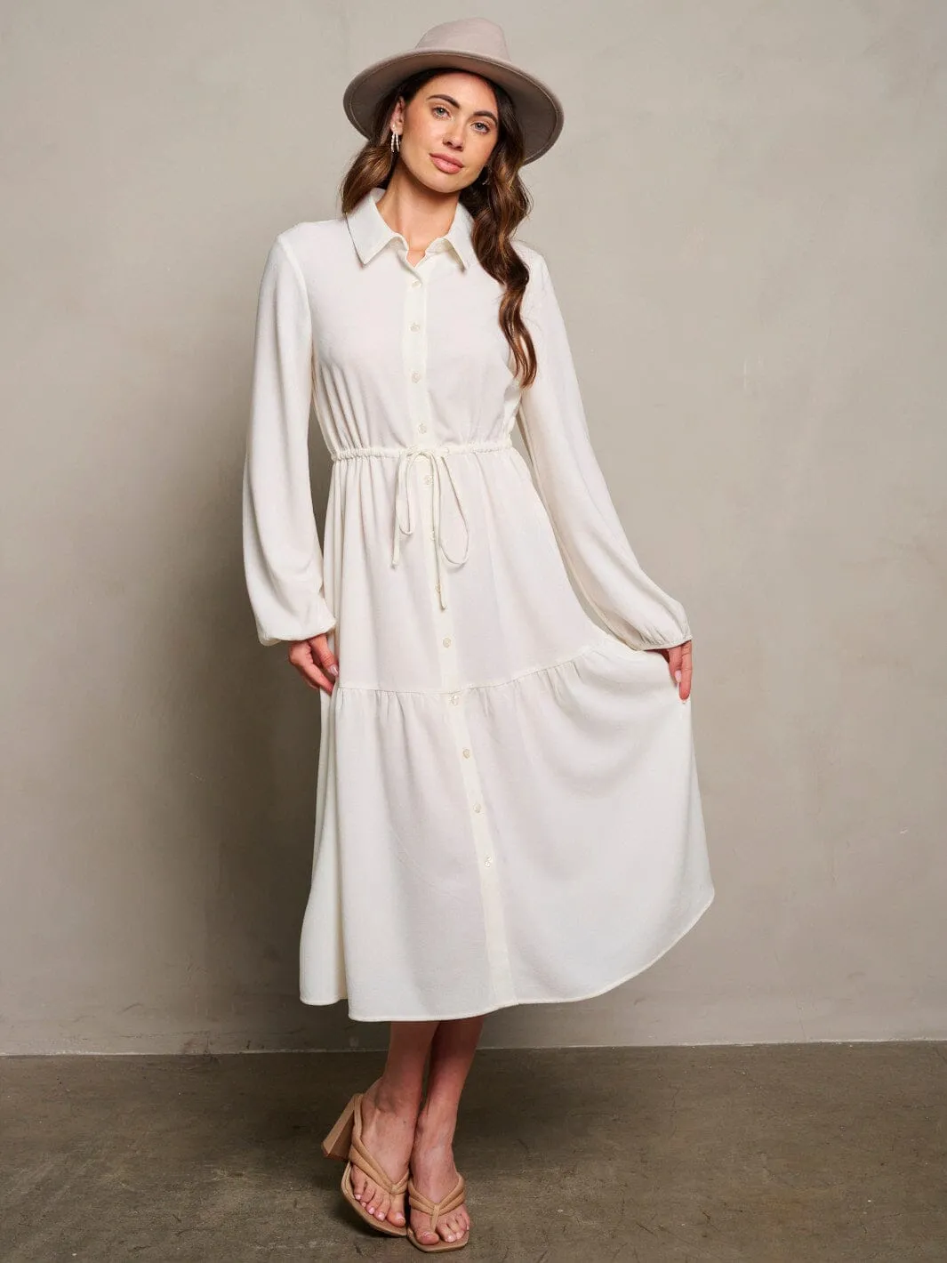 WOMEN'S LONG PUFF SLEEVE BUTTON UP MAXI DRESS
