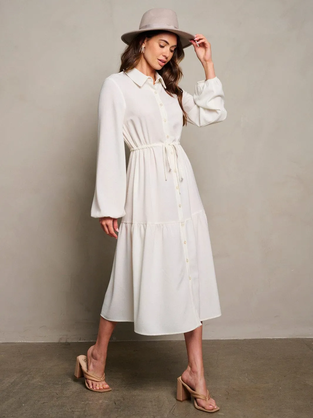WOMEN'S LONG PUFF SLEEVE BUTTON UP MAXI DRESS
