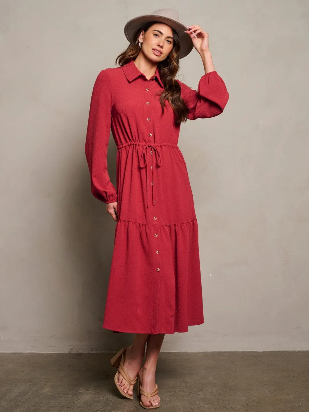 WOMEN'S LONG PUFF SLEEVE BUTTON UP MAXI DRESS