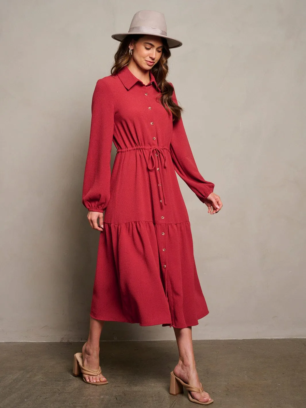 WOMEN'S LONG PUFF SLEEVE BUTTON UP MAXI DRESS