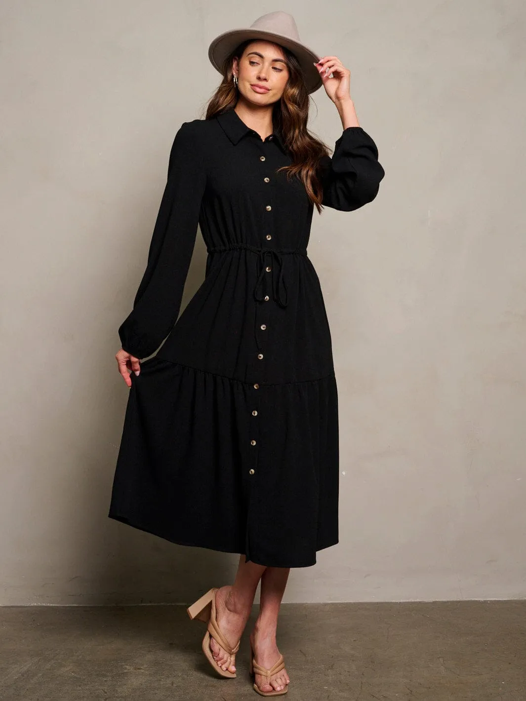 WOMEN'S LONG PUFF SLEEVE BUTTON UP MAXI DRESS