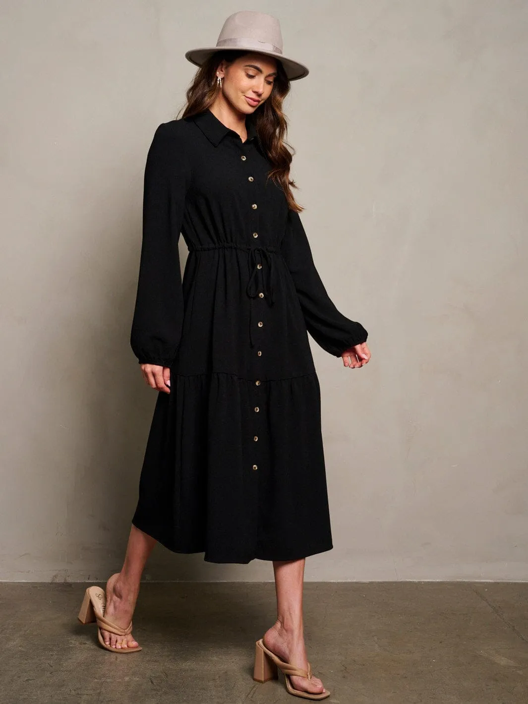 WOMEN'S LONG PUFF SLEEVE BUTTON UP MAXI DRESS