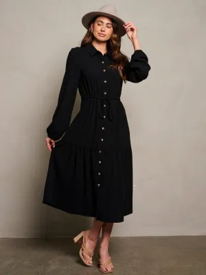 WOMEN'S LONG PUFF SLEEVE BUTTON UP MAXI DRESS
